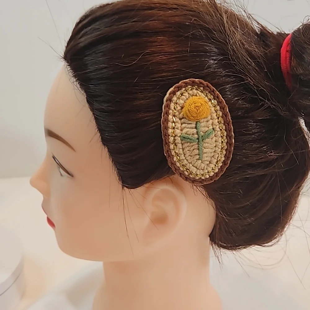 Hand Crafted Hand Knit Crochet Hair Clip Handmade embroidery yellow rose beige